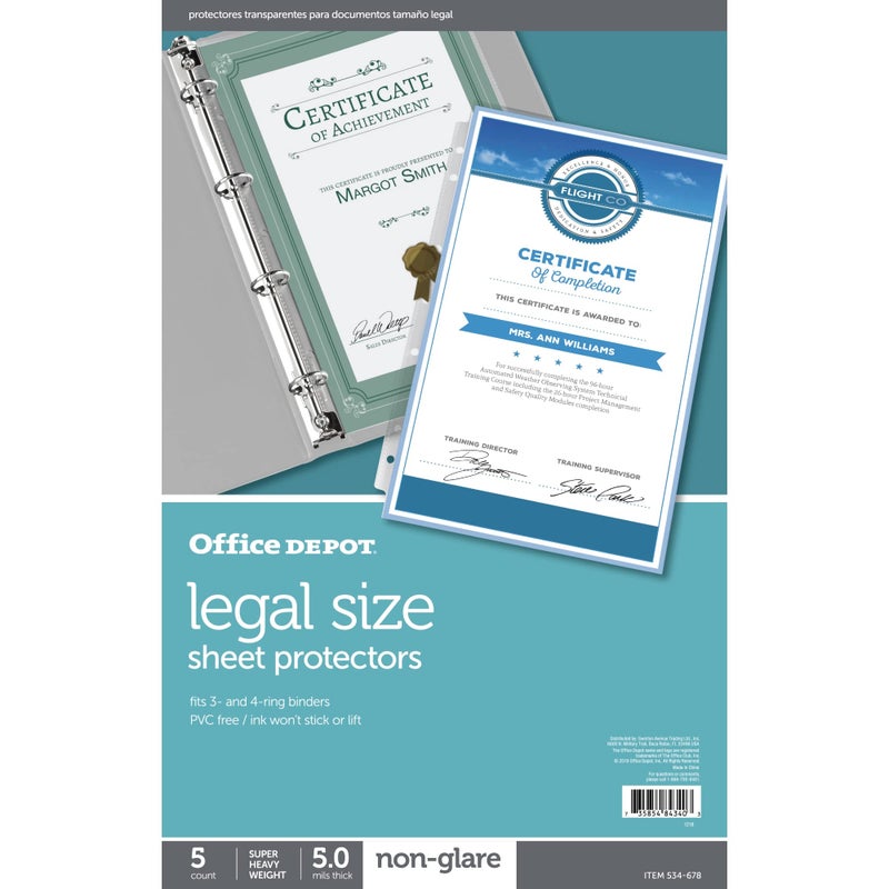 Office Depot Legal Sheet Protectors, Heavyweight, 8 1/2in. x 14in., Non-Glare, Clear, Box of 5, 534678 - Image 1